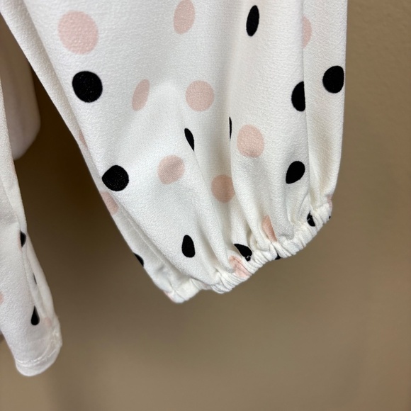Adrianna Papell Off White with Black/Pink Polka Dots Long Sleeve Pullover Blouse - Picture 5 of 10